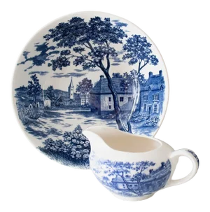 Vintage English Village Japanese Blue & White Serving Bowl & Cream Pitcher- 2 Pieces