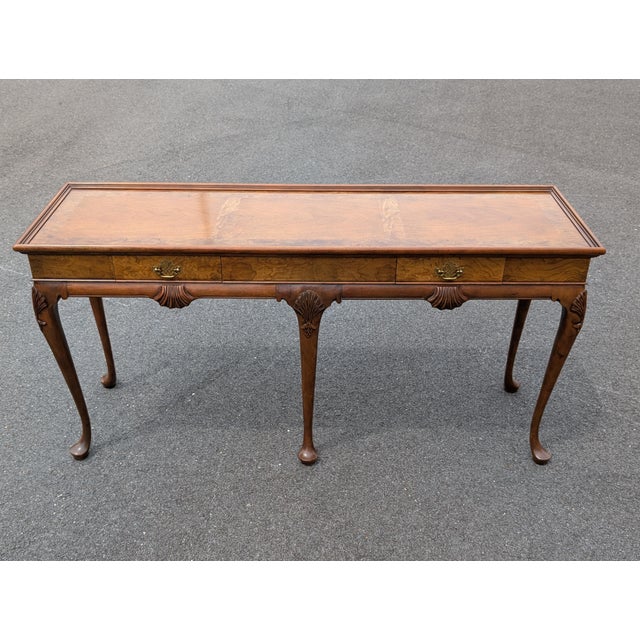 Baker Furniture Company Mid 20th Century Burl Wood and Cherry Queen Anne Sofa/Console Table Attributed to Baker Furniture For Sale - Image 4 of 14