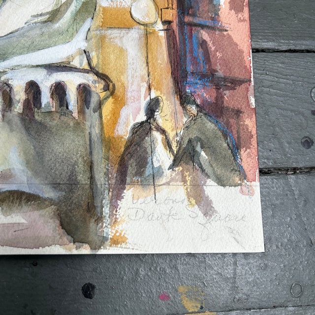 1970’s Original Abstract Dante Square Verona Italy Cityscape Watercolor Painting For Sale - Image 4 of 6