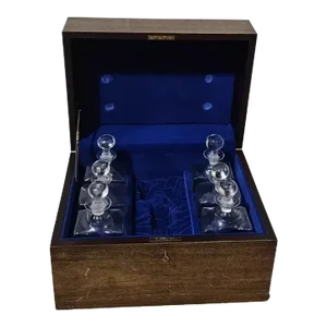 19th Century Antique Sea Captains Liquor Chest Decanter Box With Decanters- 7 Pieces