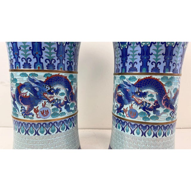 Blue Pair of Chinese Cloisonne Enamel Trumpet Form Vases Blue Dragon Motif For Sale - Image 8 of 10