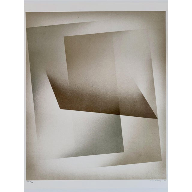 Abstract lithograph by Finn Mickelborg, dated 1980, depicting forms in graduated sand-grey tones. Signed and numbered...