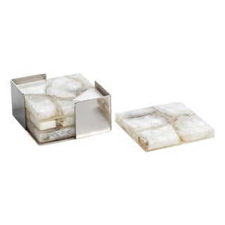 Kenneth Ludwig Chicago Crete Agate Taupe / White Coasters on Alloy Tray - Set of 4 For Sale