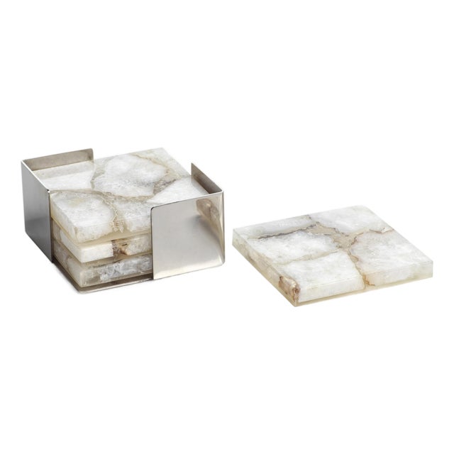 Kenneth Ludwig Chicago Crete Agate Taupe / White Coasters on Alloy Tray - Set of 4 For Sale