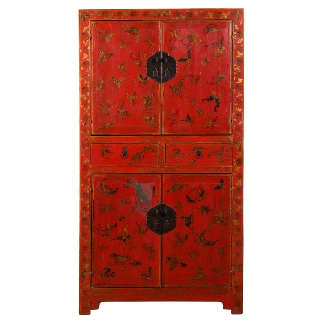 19th Century Chinese Qing Dynasty Red Lacquer Butterfly Décor Cabinet For Sale - Image 13 of 13