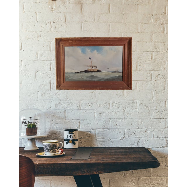 Late 19th Century Ironclad Battleship HMS Devastation 19th Century Original Oil Painting For Sale - Image 5 of 5