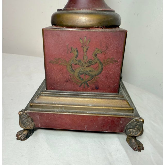 1910s Antique Handmade Painted French Red Tole Toleware Swan Metal Table Lamp Light For Sale - Image 5 of 18