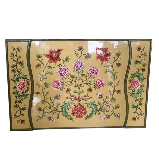 Vintage Hollywood Regency Style Floral Chinoiserie Glass-Top Serving Tray For Sale In West Palm - Image 6 of 12