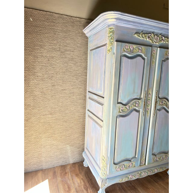 1970s Gorgeous Whimsical and Romantic Blue Vintage French Provincial Armoire Custom Hand Painted. For Sale - Image 5 of 12
