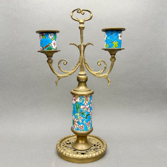 French Antique Longwy France 1920s Turquoise Floral Enamel and Brass Two Arm Candelabra For Sale - Image 3 of 12
