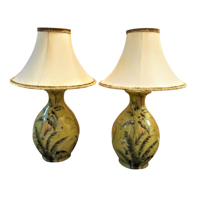 Tropical Ceramic Sage Green Palm Leaf Palm Beach Regency Vase Table Lamps A Pair Chairish
