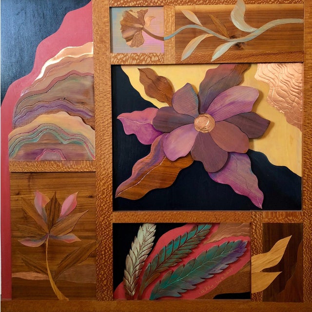 Helen Weber, 1970s Large Wood, Copper Inlay Sculpture Wall Relief Tropical Flowers Motif, c.1970s For Sale In Miami - Image 6 of 7