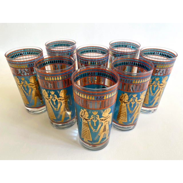 Vintage 1960's Mid Century Modern Egyptian Revival Gold Leaf Highball Tumbler Glasses - Set of 8 For Sale - Image 11 of 13