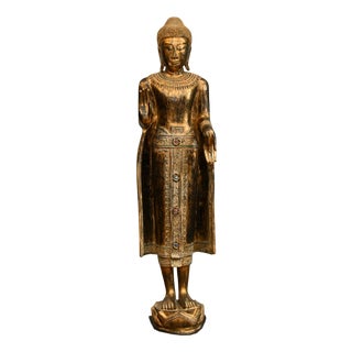 Vintage Carved Burmese Buddha Statue in Giltwood, 1950s For Sale