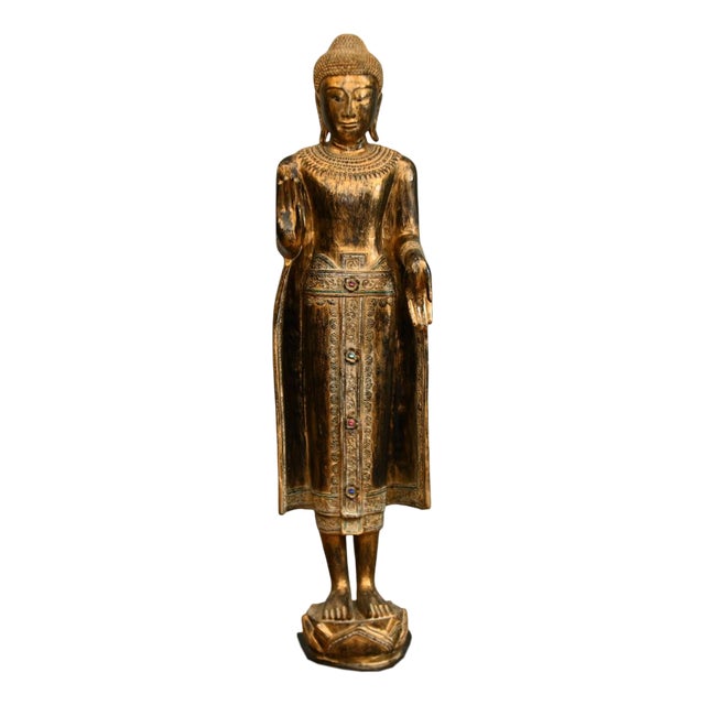 Vintage Carved Burmese Buddha Statue in Giltwood, 1950s For Sale