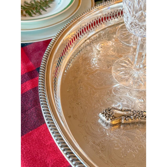 English Large Vintage Etched Silver Plate Pierced Gallery Serving Tray, 15" Dia For Sale - Image 3 of 8