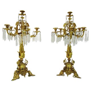19th Century Gilt Bronze & Crystal Candelabras, Set of 2 For Sale