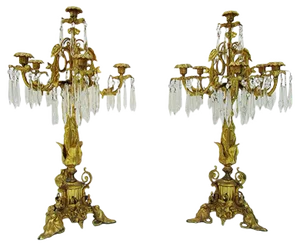 19th Century Gilt Bronze & Crystal Candelabras, Set of 2