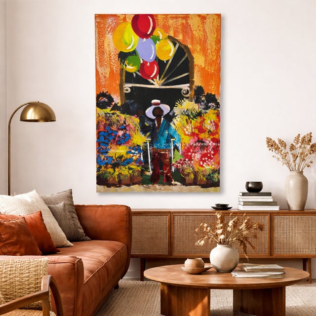 A striking large-scale oil painting by American artist Paul Blaine Henrie, titled "The Balloon Vendor". This expressive...