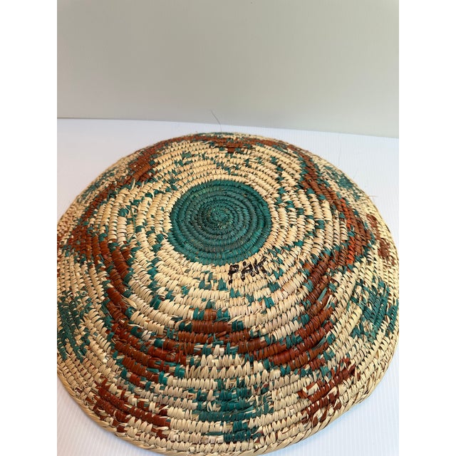 Army Green Vintage 1980s Tribal Weaving Coiled Handmade Boho Basket 16" Diameter Southwestern Home Decor For Sale - Image 8 of 11
