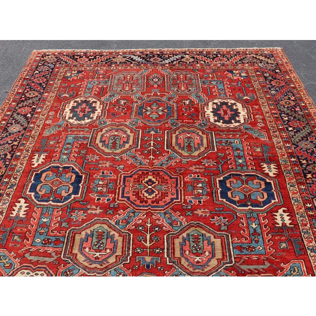 Red Antique Heriz Rug With Red Field, Geometric Tribal Motifs and Navy Blue Border 9'2 X 11'10 For Sale - Image 8 of 17
