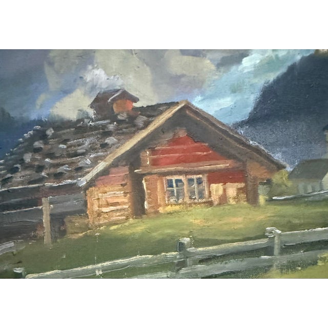 Rustic European Mid-Century Original European Alpine Village Oil Painting on Board For Sale - Image 3 of 11