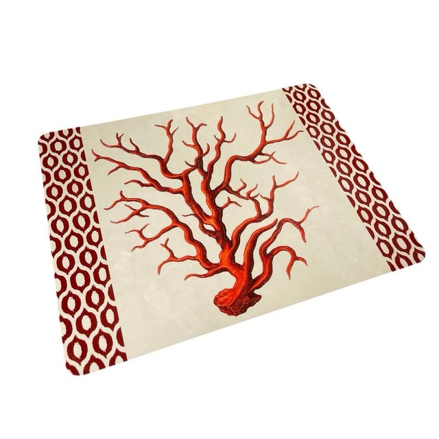 2000 - 2009 Coastal Cork-Backed Hardmat Placemat – Red Sea Coral With Ikat Border For Sale - Image 5 of 9