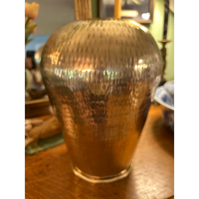 Vintage Art Deco Style 13.5” Hammered Brass Vase For Sale - Image 4 of 7