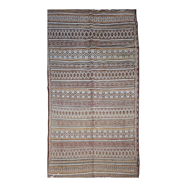 Antique Uzbek Tribal Soumak Kilim, Handwoven Stripe Pattern, Brown & Gold, 4x7 For Sale