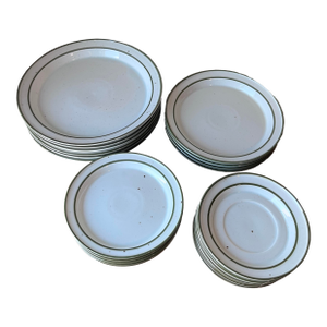 Late 20th Century Dansk Designs Denmark Green Mist Pattern Speckled Saucer, Bread Butter, Salad and Dinner Plate - Set of 22