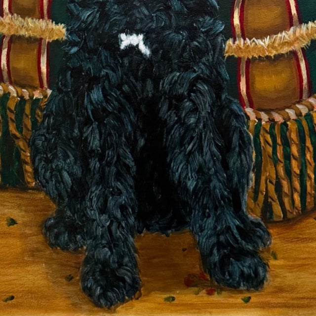 Pair of Large Original Oil Portraits of a Portuguese Water Dog on a Striped Bergère For Sale - Image 10 of 14
