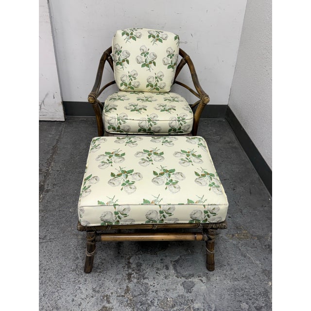 Design Plus Gallery presents a Circa 1970's Chair + Ottoman from McGuire Furniture. The vintage set pairs McGuire’s...