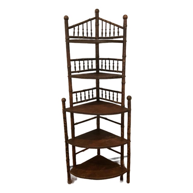 Five-Tier Victorian Scorched Bamboo Corner Shelf For Sale