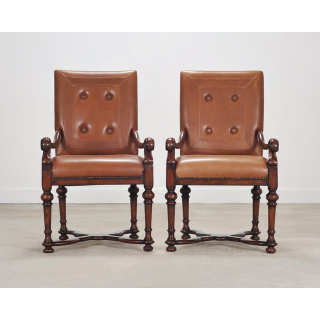 Baroque Pair of Louis XIII Baroque Style Mahogany Leather Armchairs For Sale - Image 3 of 18