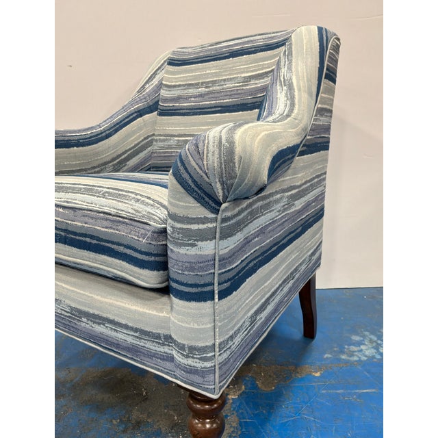 Stylish Blue Stripe Chairs With Turned Legs - Pair. Transitional design with blue striped fabric. Brown legs. Showroom...