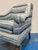 Stylish Blue Stripe Chairs With Turned Legs - Pair. Transitional design with blue striped fabric. Brown legs. Showroom...