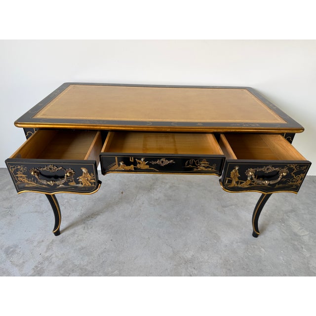 Vintage Baker Furniture Chinoiserie Desk Table With Leather on Top & Brass Handles For Sale - Image 4 of 18