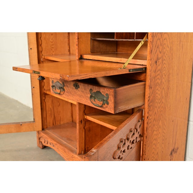 Wood Antique Victorian Oak Side-by-Side Bookcase With Drop Front Secretary Desk, Circa 1900 For Sale - Image 7 of 14