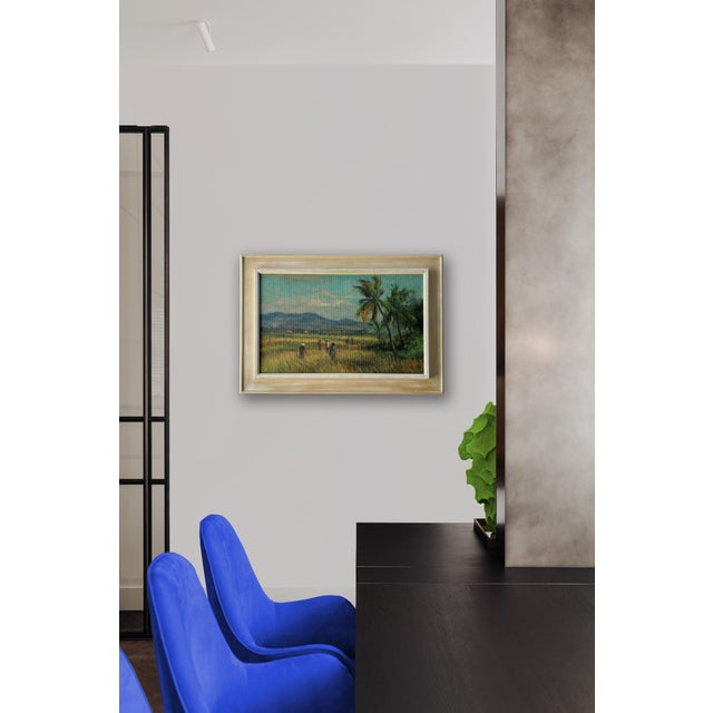 Wood 1950's Landscape Painting in Original Frame. Oil on Panel "Palmtrees on Sumatra" For Sale - Image 7 of 7