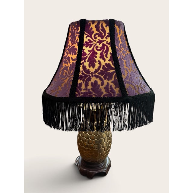 Vintage Purple Velvet & Gold Leaf Lamp Shade With Black Rayon Chainette Fringe For Sale - Image 6 of 6