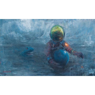 Let Your Enemies Come to You by Andreas Claussen | Oil on canvas Astronaut with a blue sphere and creature For Sale
