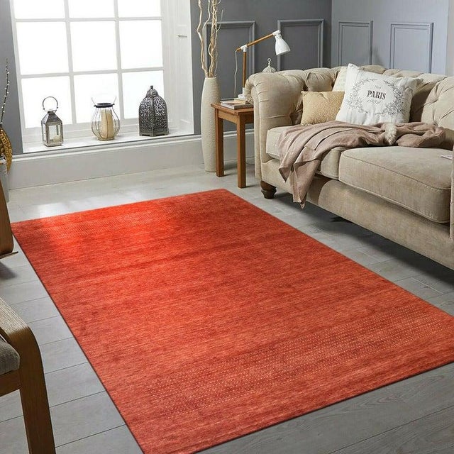 10x14 Coral Hand-Knotted Wool Striated Field Geometric Modern Carpet Rug For Sale - Image 4 of 4
