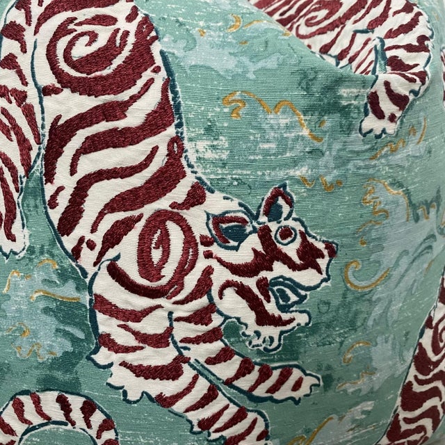 Contemporary Teal Embroidered Bengal Tiger Pillow For Sale - Image 3 of 5