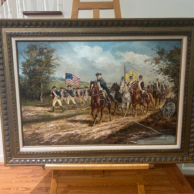 H.Rienmann American School Oil on Canvas Framed Signed Depicting George Washington Leading Pennsylvania State Regiment of Light Horse of 1778 For Sale - Image 11 of 12
