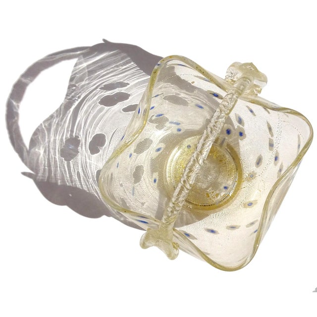 Vintage Murano Gold Flecks White Blue Daisy Pattern Italian Art Glass Rope Handle Basket Bowl For Sale In Orlando - Image 6 of 8