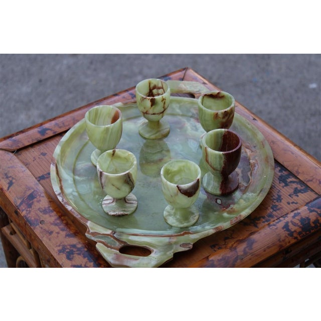 Tanzanian Green Onyx Rosolio Tray with Bottle and Glasses, Italy, 1950s, Set of 8 For Sale - Image 10 of 15
