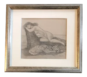 Original Vintage Female Reclining Nude With Tiger Pencil Drawing