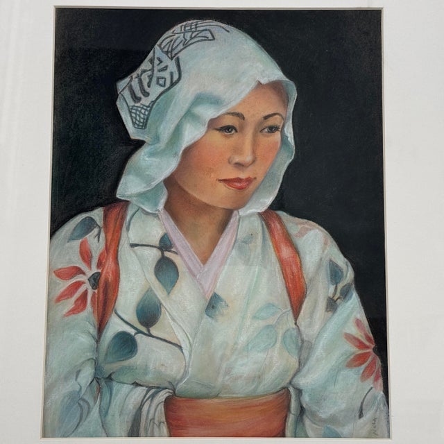 Vintage Original Pastel Portrait Painting of Japanese Woman in Kimono For Sale - Image 4 of 12