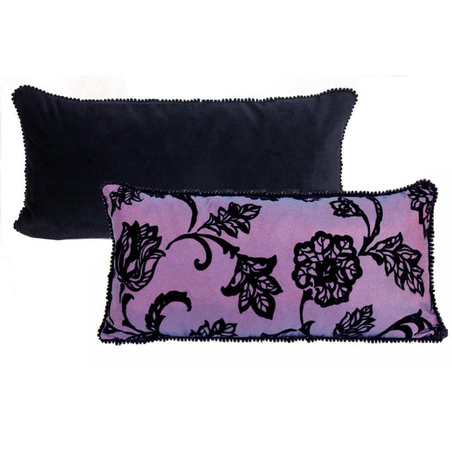 Purple Embossed Velvet Floral Flock Lumbar Pillow With Pompom Trim For Sale - Image 8 of 12