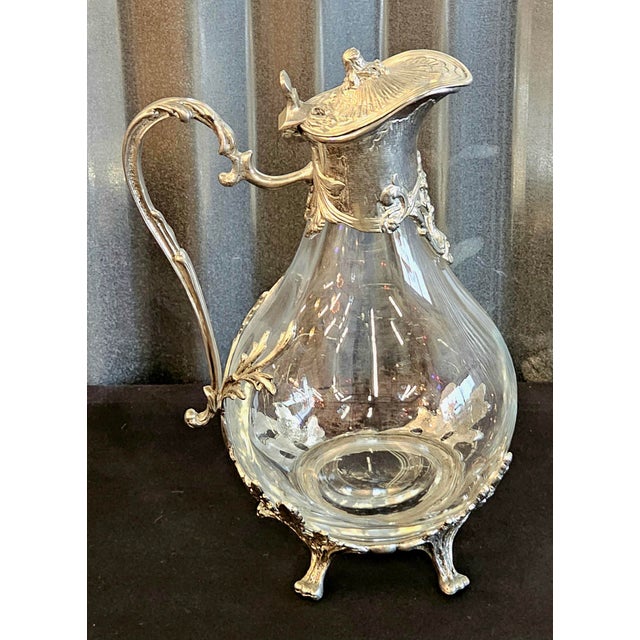 French Vintage French Style Étain Pewter & Glass Claret Jug Pitcher With Hinged Lid For Sale - Image 3 of 18